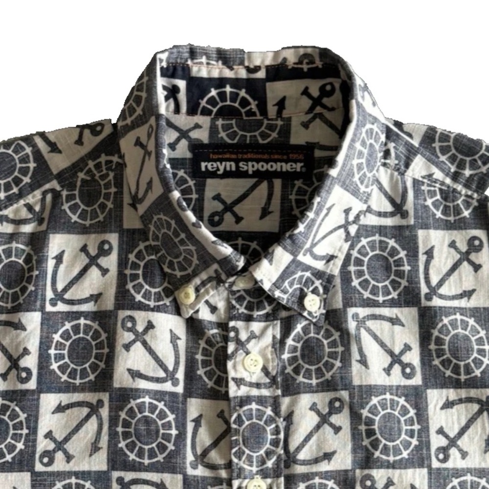 REYN SPOONER Reverse Print Men's Nautical Anchor Print Shirt Size L Cotton Linen